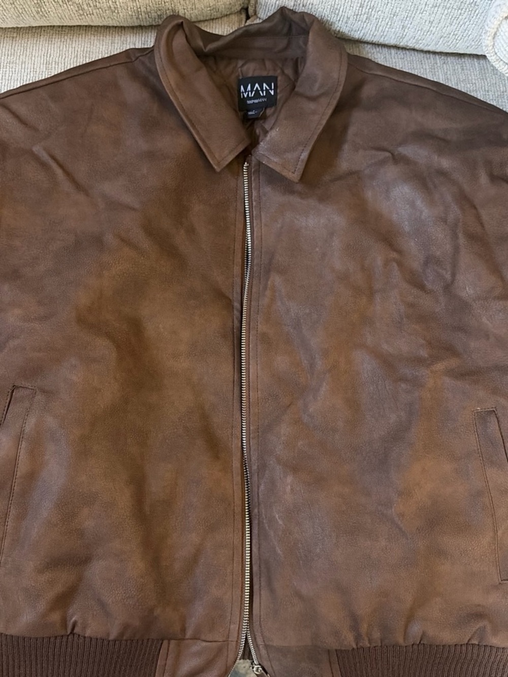 MAN by Boohoo Men's Brown Leather-Style Bomber Jacket